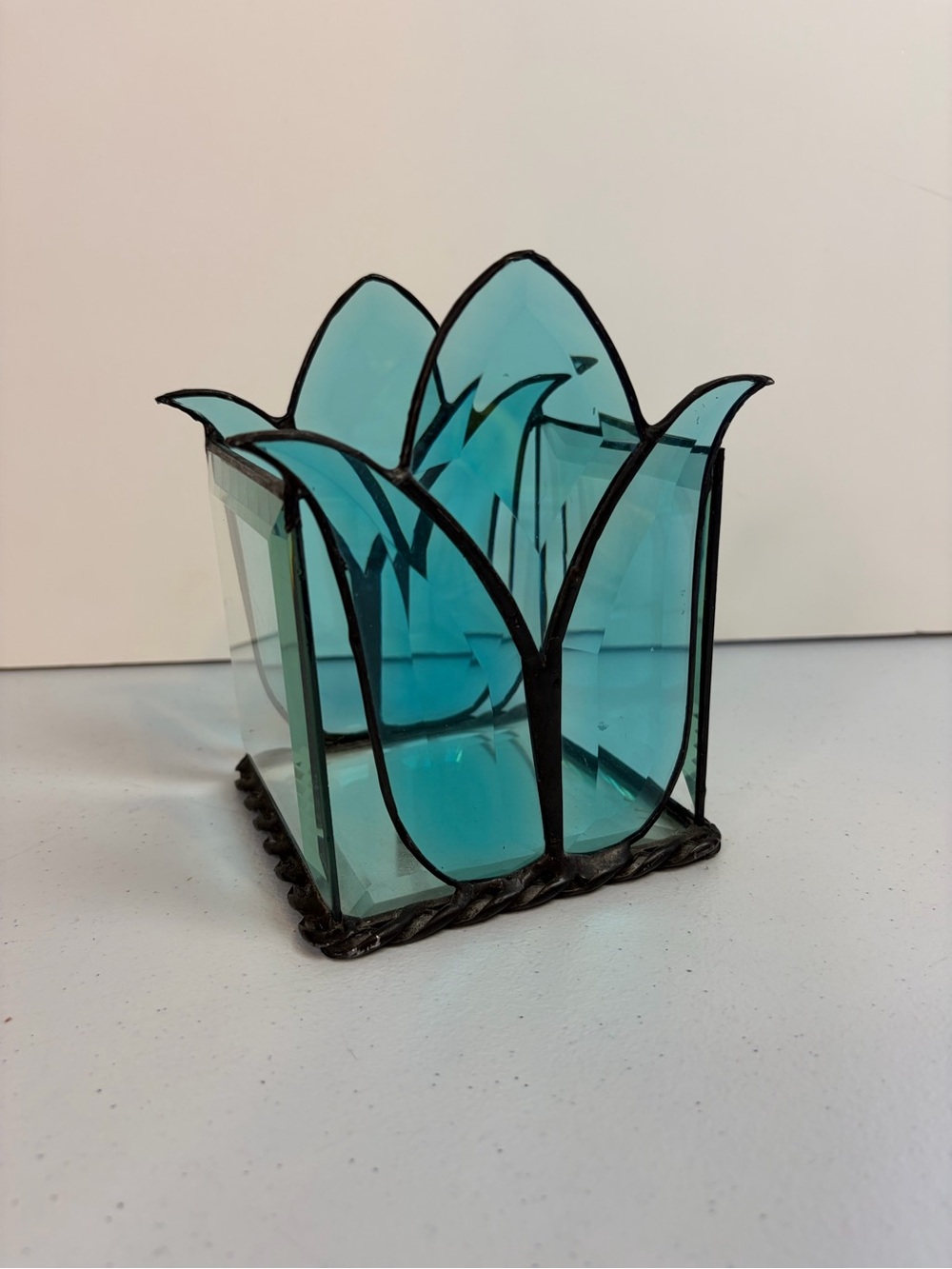 Vintage Blue Stained Glass Tulip Candle Holder Art Deco Tiffany Style Decor